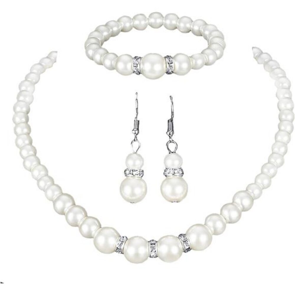 3 Pcs Pearl Necklace Bracelet Earrings Set for Women Pearl Jewelry Set